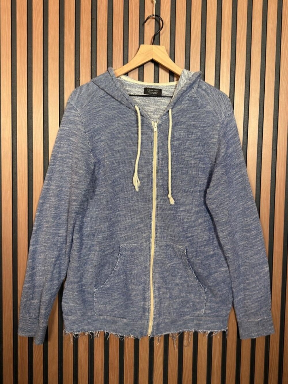 Zara Sweater Large Mens Blue Full Zip Drawstring Heather Hoodie Jacket
